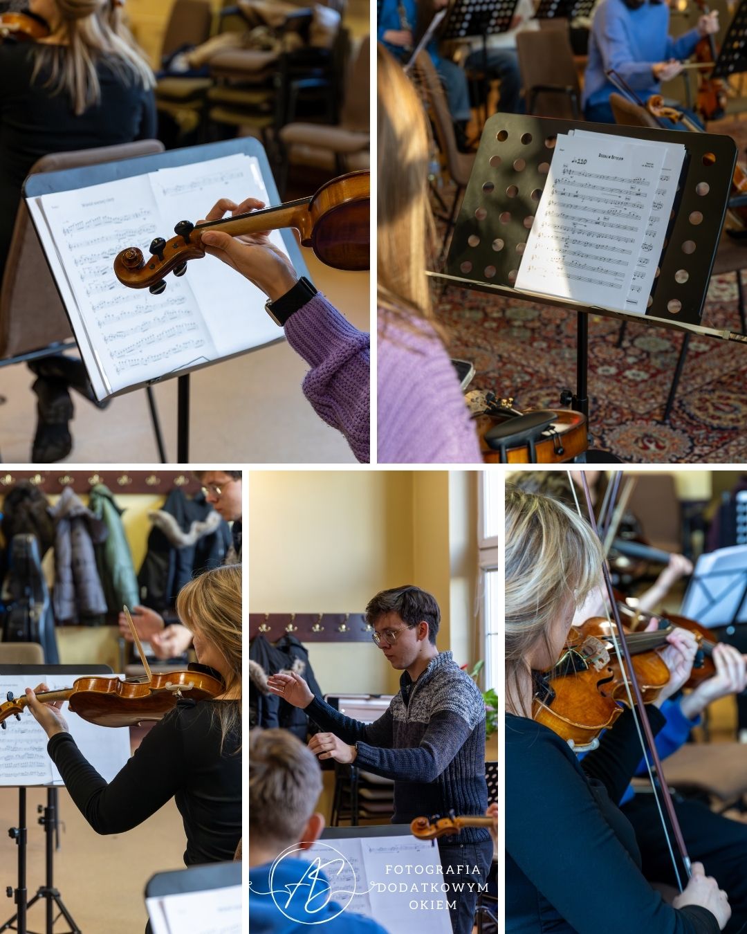 Fotografia Dodatkowym Okiem portfolio eventowe event wydarzenie reportaż fotorelacja Katowice śląsk próba koncert kolędy pastorałki maxime orchestra nuty skrzypce wiolonczela kontrabas obój dyrygent muzyka poważna filharmonia dom aniołów stróżow koncert charytatywny szczytny cel