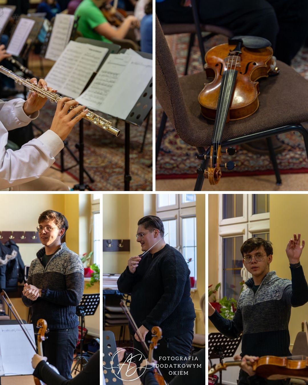 Fotografia Dodatkowym Okiem portfolio eventowe event wydarzenie reportaż fotorelacja Katowice śląsk próba koncert kolędy pastorałki maxime orchestra nuty skrzypce wiolonczela kontrabas obój dyrygent muzyka poważna filharmonia dom aniołów stróżow koncert charytatywny szczytny cel