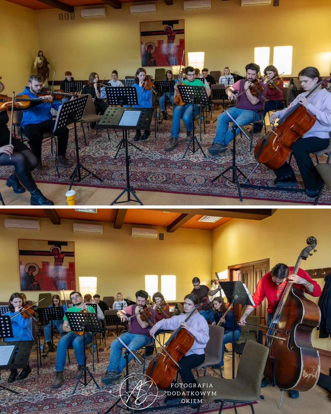 Fotografia Dodatkowym Okiem portfolio eventowe event wydarzenie reportaż fotorelacja Katowice śląsk próba koncert kolędy pastorałki maxime orchestra nuty skrzypce wiolonczela kontrabas obój dyrygent muzyka poważna filharmonia dom aniołów stróżow koncert charytatywny szczytny cel