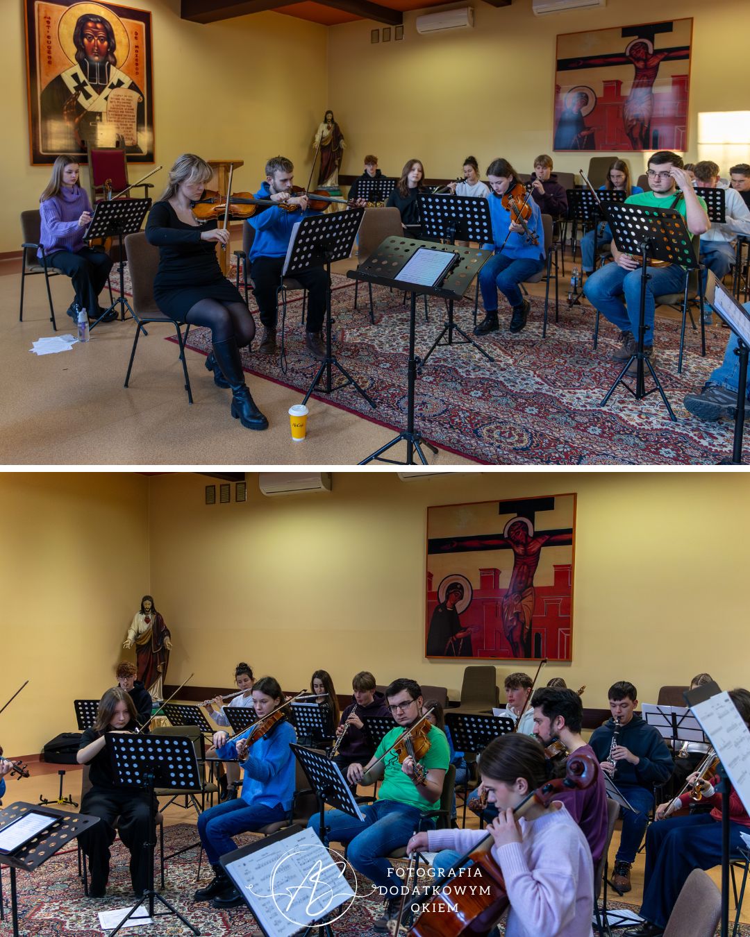 Fotografia Dodatkowym Okiem portfolio eventowe event wydarzenie reportaż fotorelacja Katowice śląsk próba koncert kolędy pastorałki maxime orchestra nuty skrzypce wiolonczela kontrabas obój dyrygent muzyka poważna filharmonia dom aniołów stróżow koncert charytatywny szczytny cel