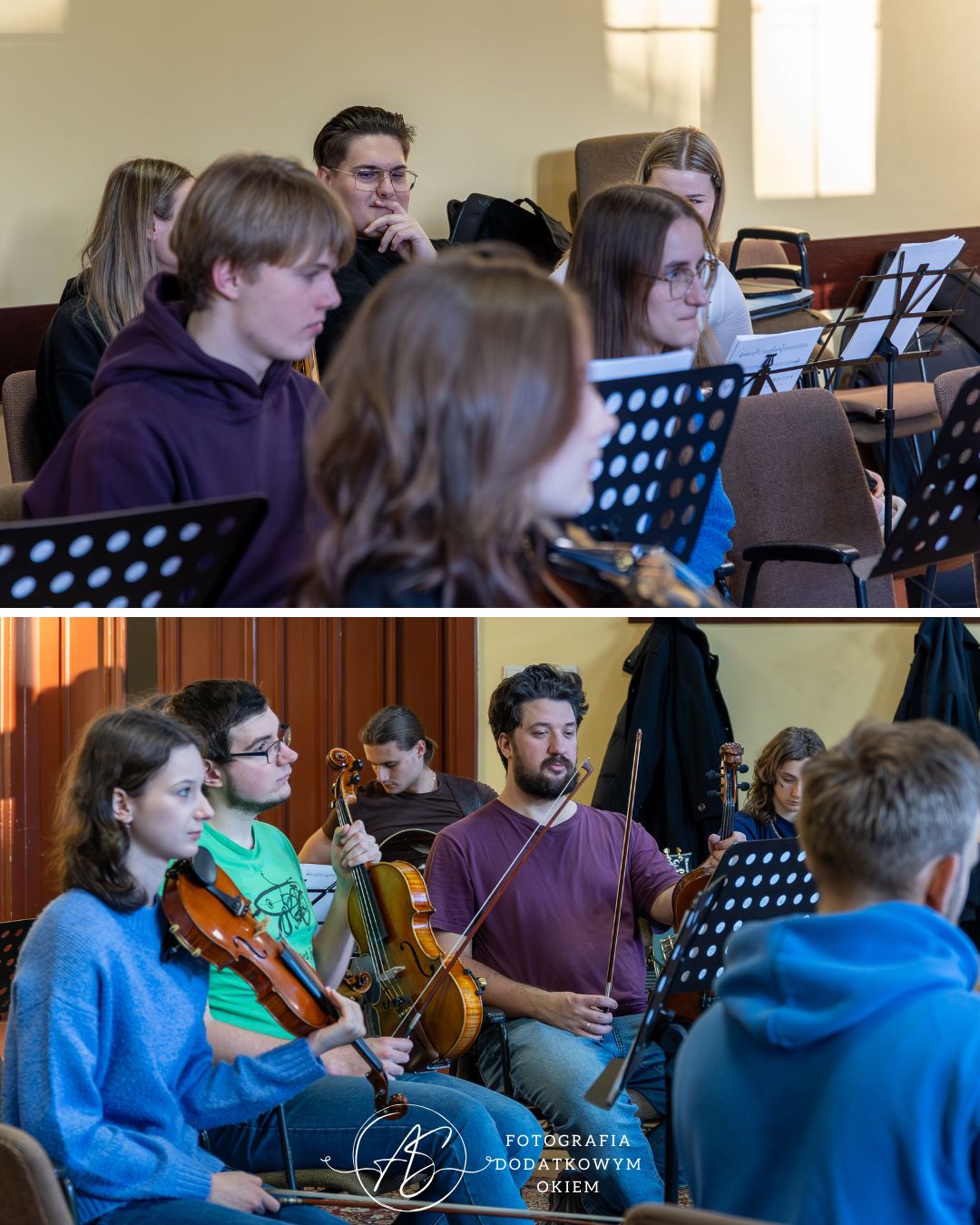 Fotografia Dodatkowym Okiem portfolio eventowe event wydarzenie reportaż fotorelacja Katowice śląsk próba koncert kolędy pastorałki maxime orchestra nuty skrzypce wiolonczela kontrabas obój dyrygent muzyka poważna filharmonia dom aniołów stróżow koncert charytatywny szczytny cel