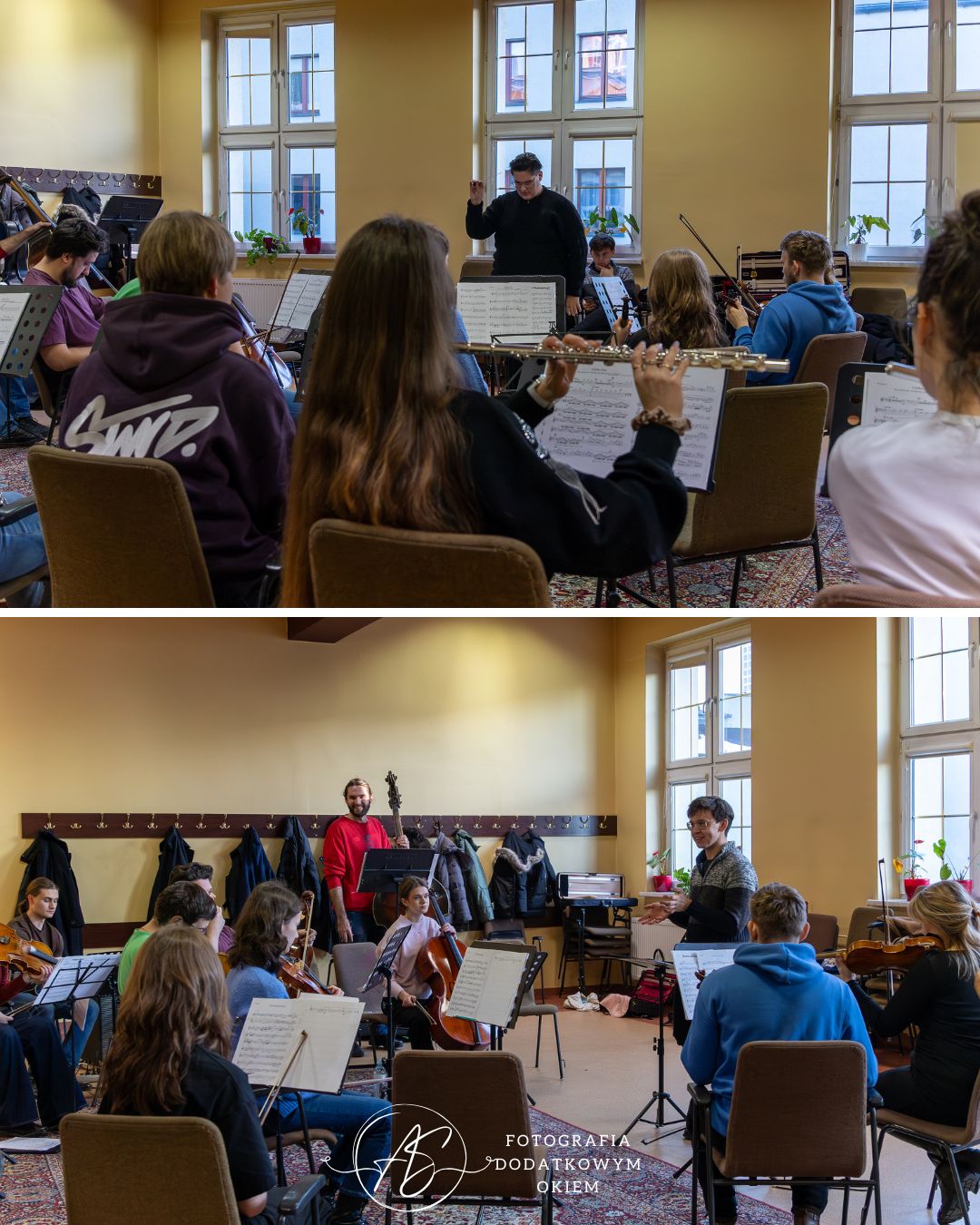 Fotografia Dodatkowym Okiem portfolio eventowe event wydarzenie reportaż fotorelacja Katowice śląsk próba koncert kolędy pastorałki maxime orchestra nuty skrzypce wiolonczela kontrabas obój dyrygent muzyka poważna filharmonia dom aniołów stróżow koncert charytatywny szczytny cel