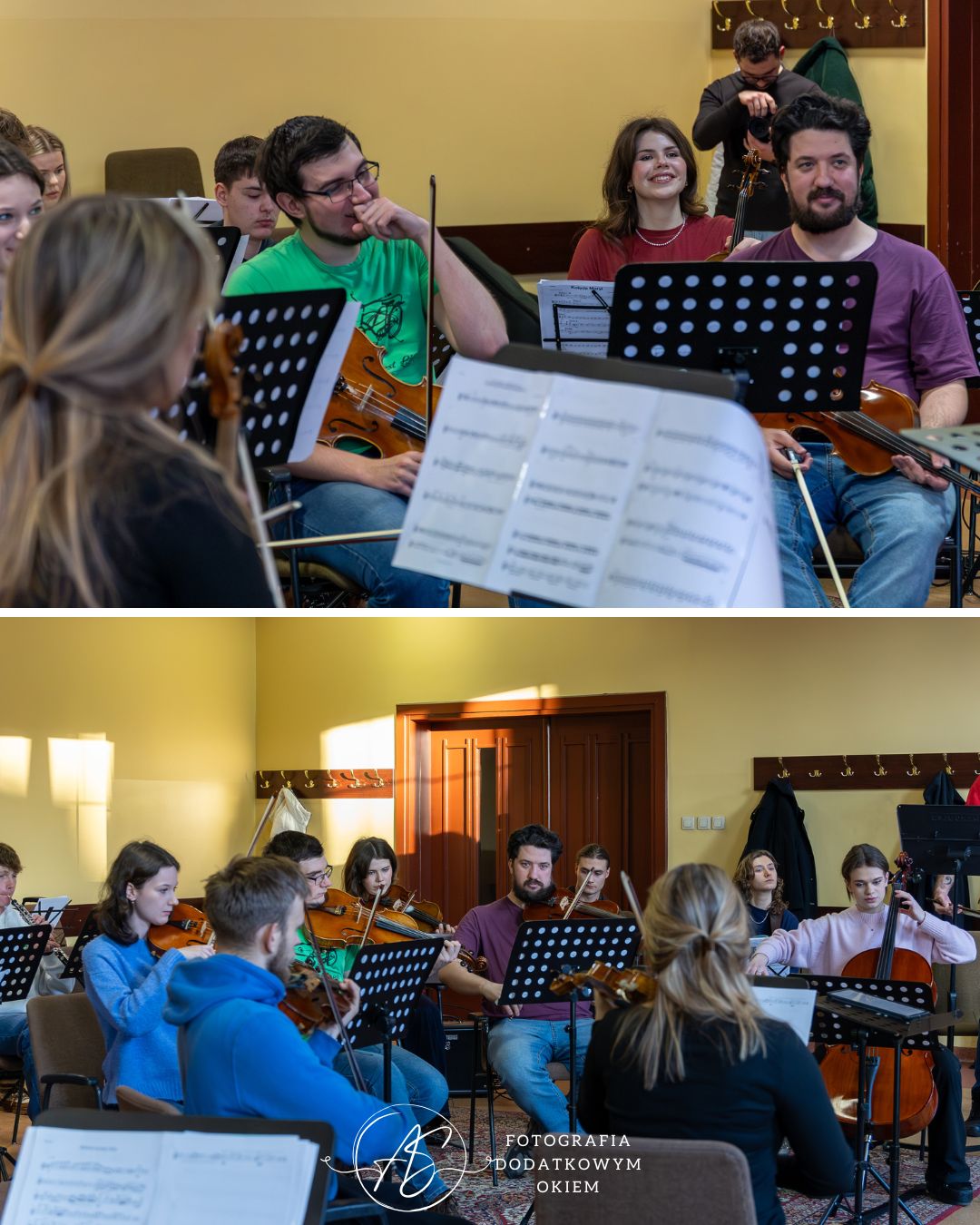 Fotografia Dodatkowym Okiem portfolio eventowe event wydarzenie reportaż fotorelacja Katowice śląsk próba koncert kolędy pastorałki maxime orchestra nuty skrzypce wiolonczela kontrabas obój dyrygent muzyka poważna filharmonia dom aniołów stróżow koncert charytatywny szczytny cel