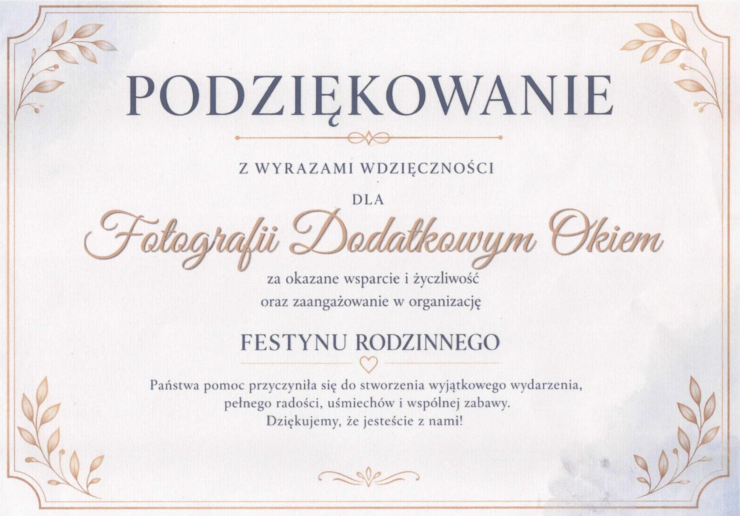 Dyplom podziękowania dla Aleksandry Sobieszek za obsługę fotograficzną festynu rodzinnego w Szkole Podstawowej nr 3 w Wojkowicach