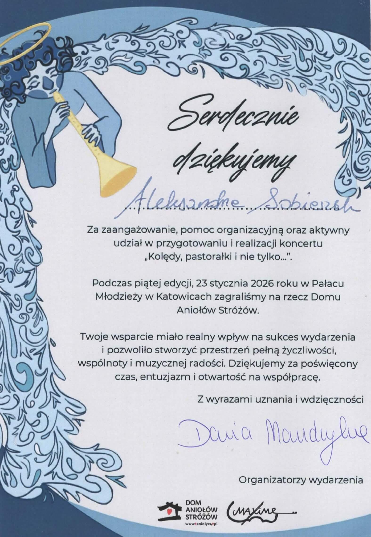 Dyplom podziękowania dla Aleksandry Sobieszek za obsługę fotograficzną koncertu Kolędy pastorałki i nie tylko Pałac Młodzieży Katowice Dom Aniołów Stróżów Maxime