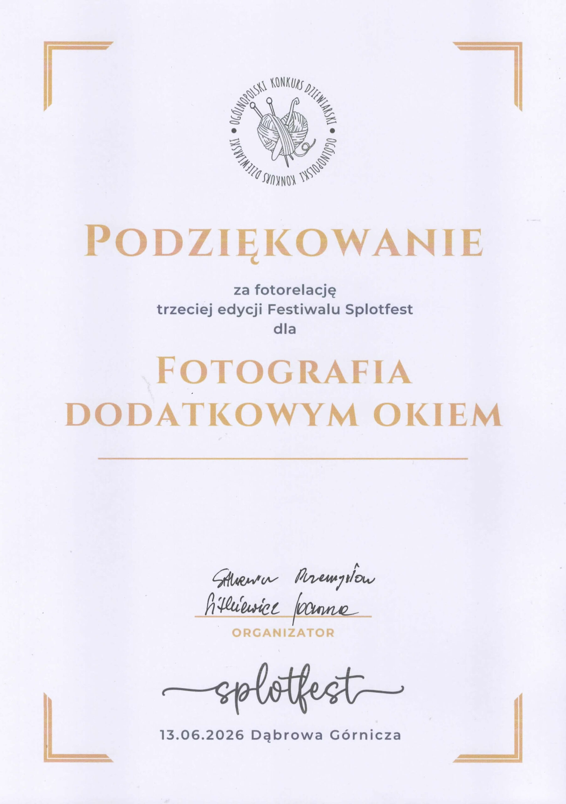 Dyplom podziękowania dla Aleksandry Sobieszek za obsługę fotograficzną festiwalu Splotfest 2026 Dąbrowa Górnicza