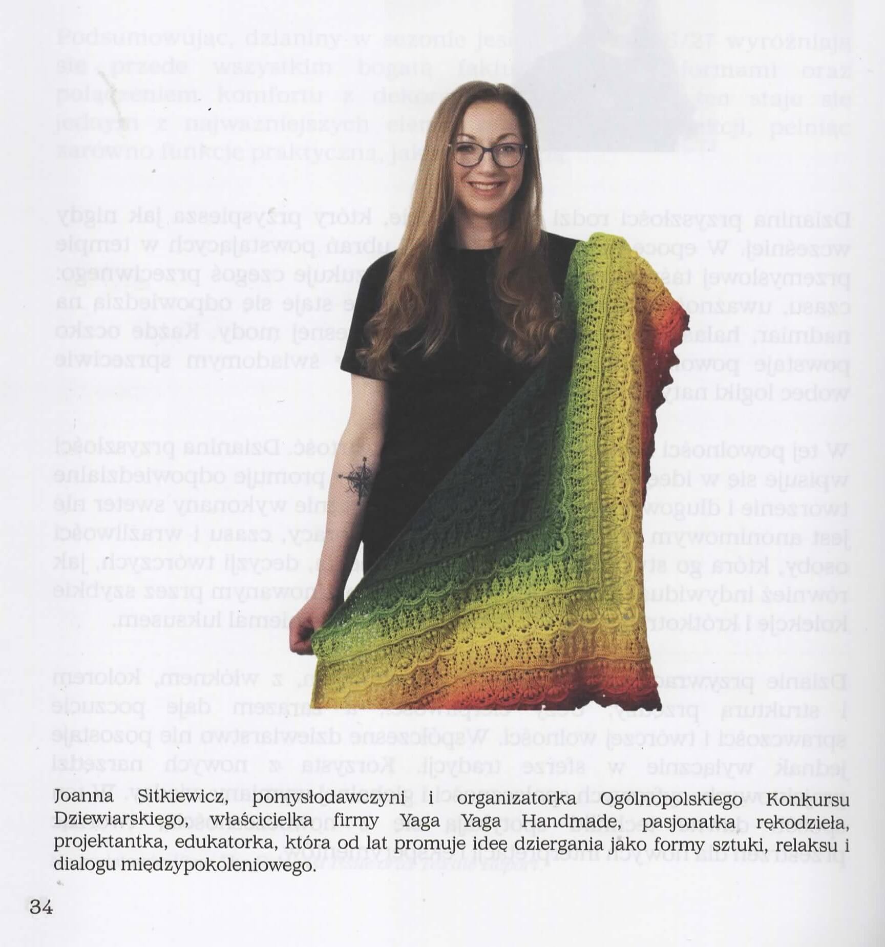 Publikacja autorskiego zdjęcia sesji wizerunkowej Joanny Sitkiewicz autorstwa Aleksandry Sobieszek w gazecie Wełna i koronki